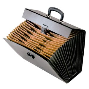 Archivador expandible de plástico resistente con varias secciones para documentos.